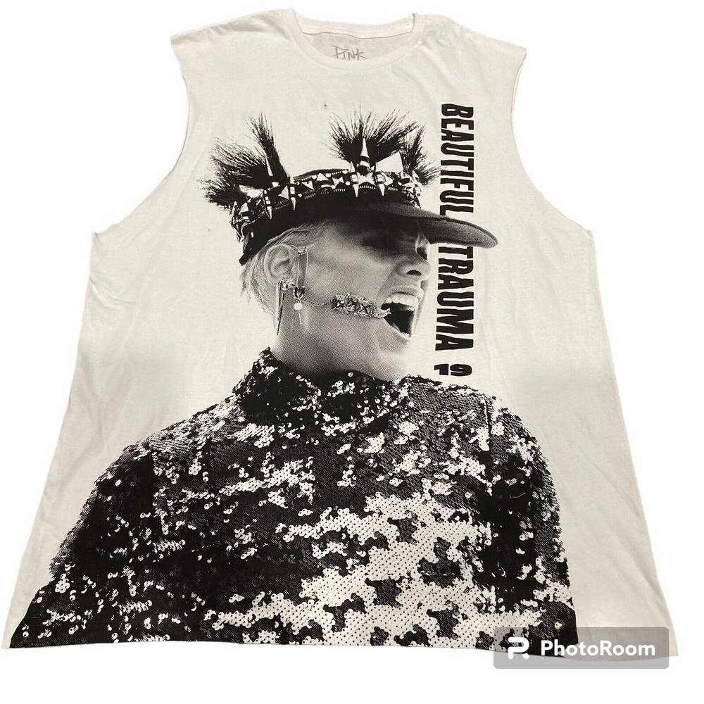 Pink Beautiful Trauma World Tour Womens Tank Top Cut Off Shirt White Size L
